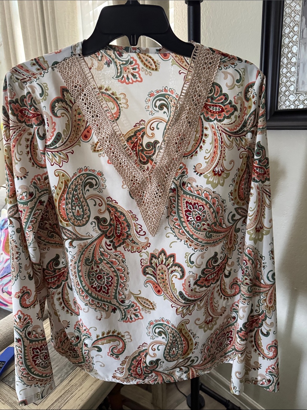 SHEIN White Paisley V-Neck Blouse with Crochet Trim